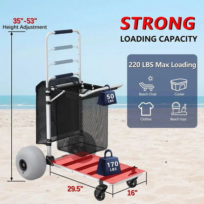 Heavy-Duty Foldable Beach Cart: 12-Inch Balloon Tires, Adjustable Handle & 220-Lb Capacity