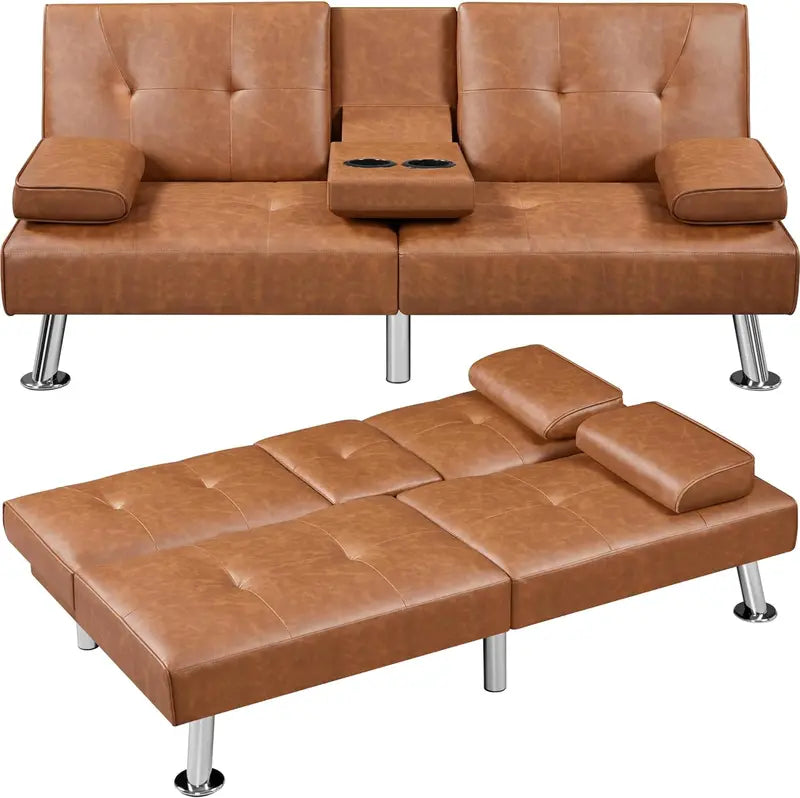 Yaheetech Faux Leather Convertible Sofa Bed  Reversible Loveseat with Removable Arms & 3-Position Recline