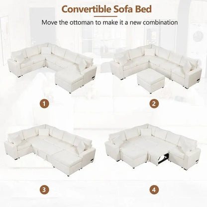 Chenille L-Shaped Sectional Sofa Bed — Pull-Out Mattress, Storage Ottoman, USB Charging & Decorative Pillows
