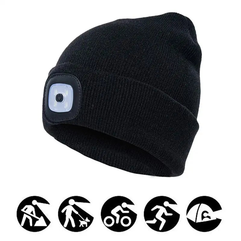 Adjustable LED Headlamp Beanie  Hands-Free Rechargeable Hat Light