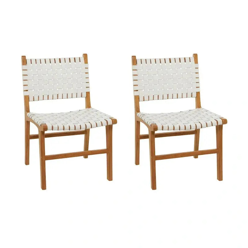 Handwoven Leather Dining Chairs with Teak Frames  Set of Two in Brown, White, or Black