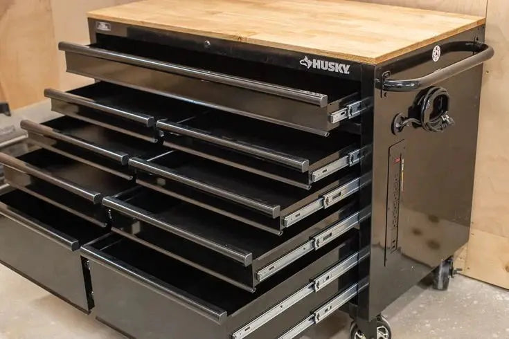 Mobile Workbench with 9 Drawers  Hardwood Work Surface, Integrated Power Outlet, High-Gloss Black Finish (117 x 62 cm)
