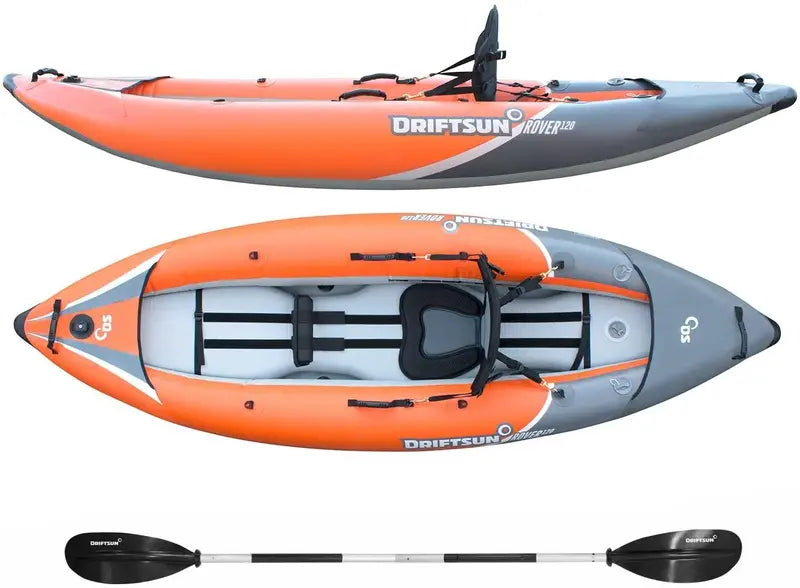 Driftsun Rover 120/220 Inflatable Tandem Kayak — Whitewater-Ready with High-Pressure Floor, EVA Seats & Full Accessory Kit