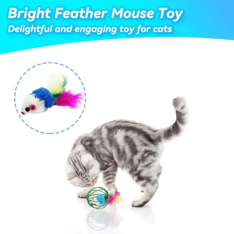 CatPlay Interactive Indoor Cat Toy Set with Feathers & Bells  6 Durable Metal Balls for Engaging Play