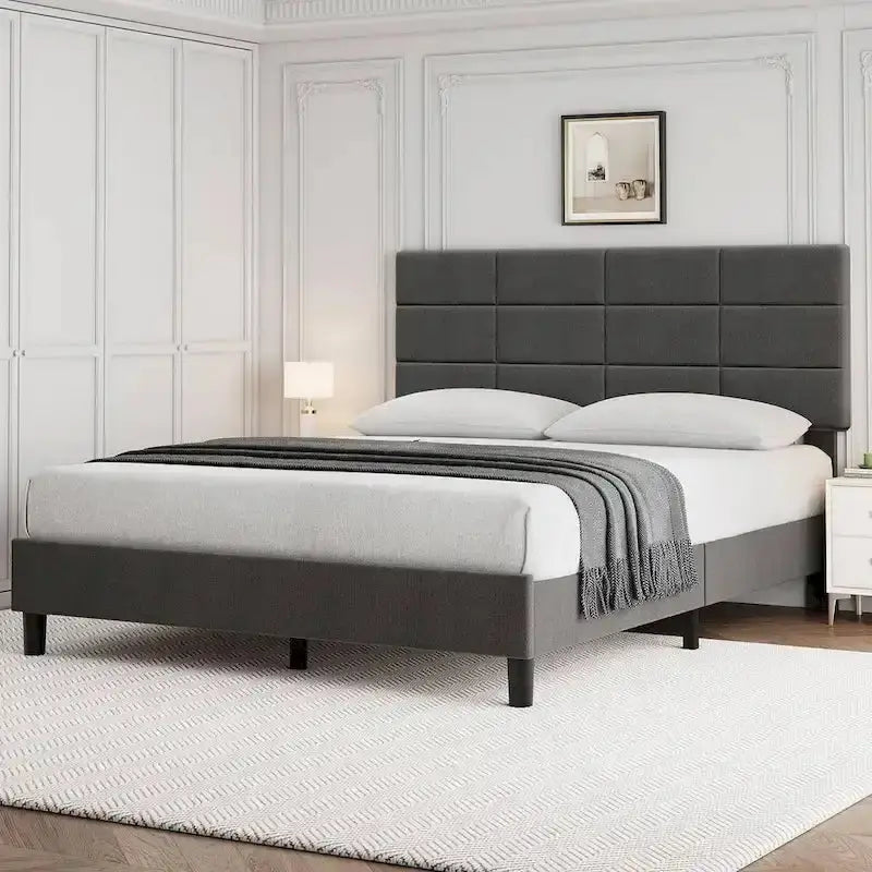 Linen-Finished Platform Bed Frame with Solid Wood Slats and Supportive Base