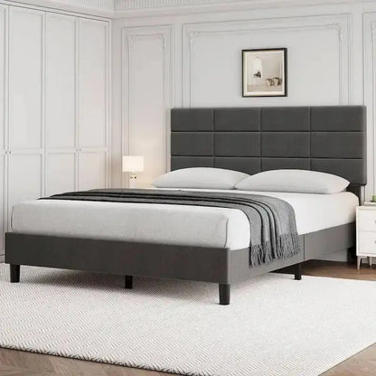 Linen-Finished Platform Bed Frame with Solid Wood Slats and Supportive Base