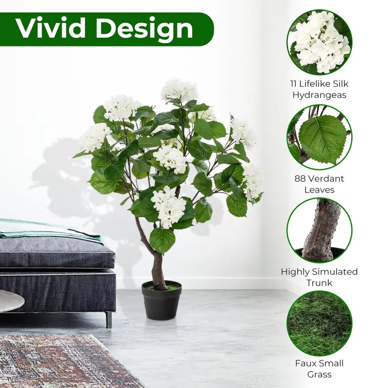 Set of 2 Artificial Hydrangea Trees  Lifelike 11-Bloom Arrangements in Plastic Nursery Pots