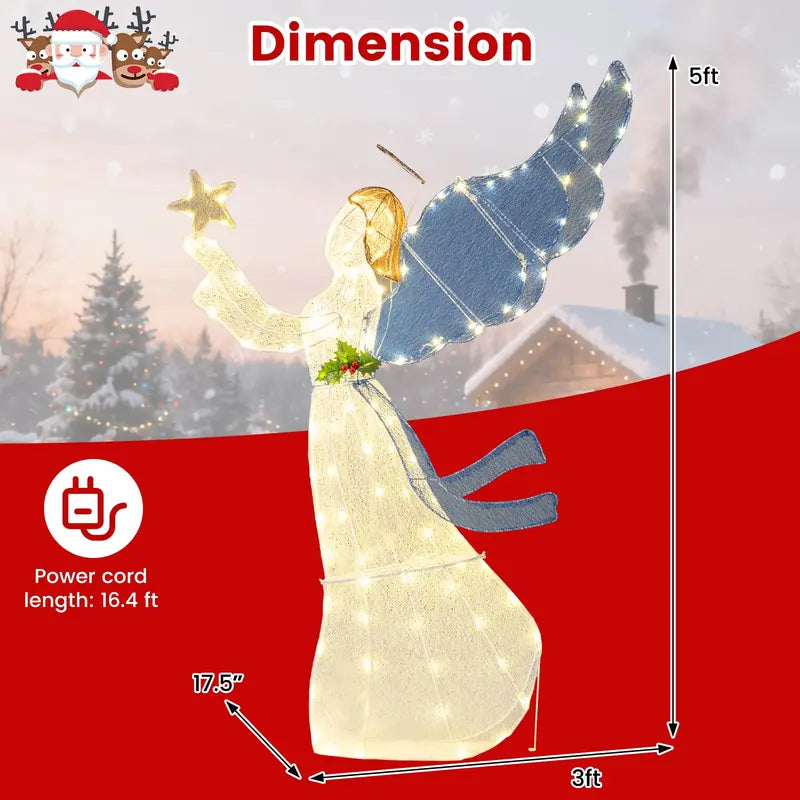 5-Foot Illuminated Angel Ornament  Glowing Star Halo and Expansive Wing Design