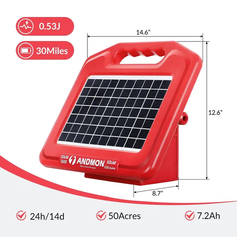 ANDMON Solar-Powered Fence Charger with Dual Input and 30-Mile Range