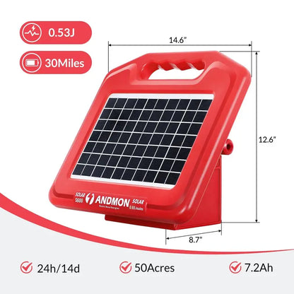 ANDMON Solar-Powered Fence Charger with Dual Input and 30-Mile Range
