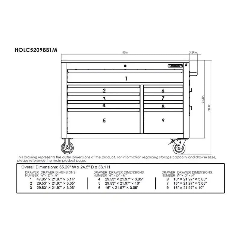 52 in. Matte Blue Mobile Workbench  9-Drawer Adjustable-Height Unit with Solid Wood Top