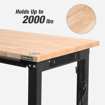 WORKPRO Heavy-Duty Adjustable Workbench  48″ to 60″ Expandable Hardwood Table (2000 LB Capacity)