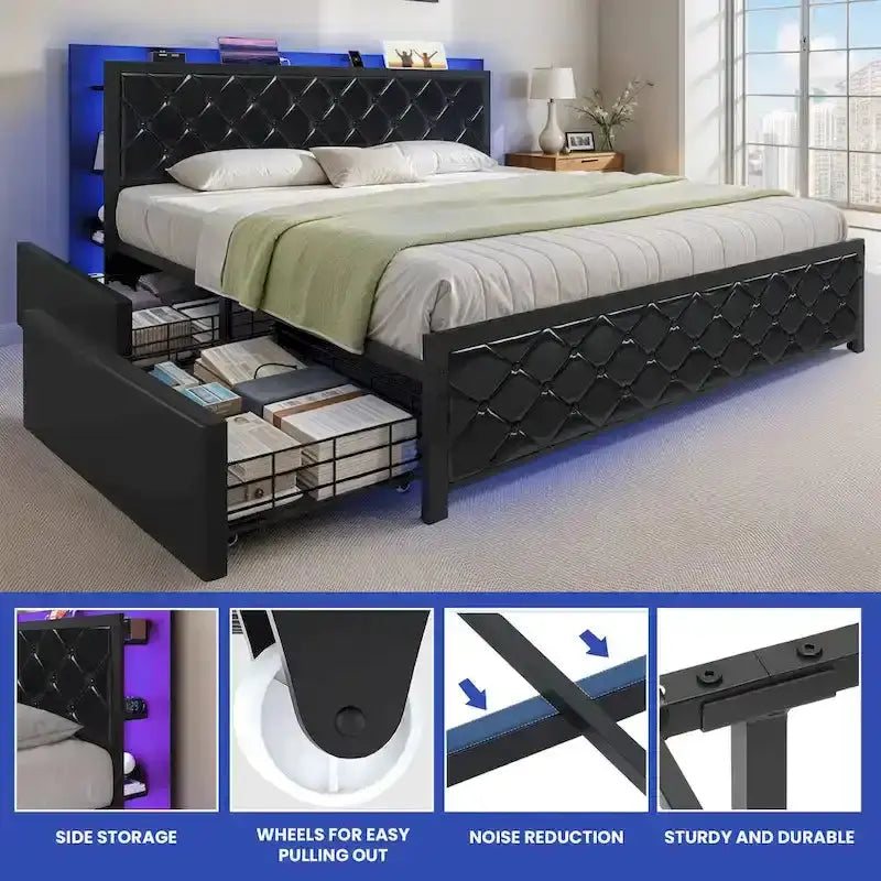 Moasis LED-Uplighted Queen Platform Bed Frame  PU Upholstered Modern Design