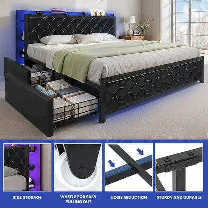 Moasis LED-Uplighted Queen Platform Bed Frame  PU Upholstered Modern Design
