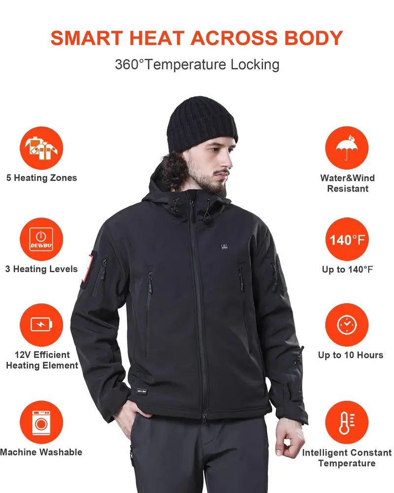 DEWBU Heated Jacket for Men with 12V Battery Pack Winter Outdoor Soft Shell Electric Heating Coat, XL