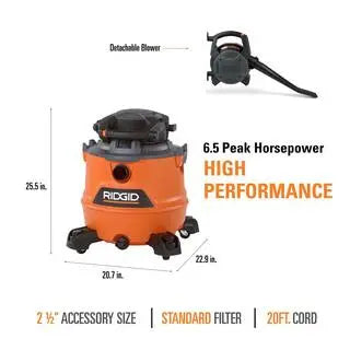 HD1600 16-Gallon Wet/Dry Shop Vacuum  6.5 Peak HP with Detachable Blower & Accessory Kit