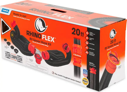 Camco RhinoFLEX 20‘ Sewer Hose Kit with Swivel Fittings & 4-in-1 Adapter, Model 39744, Multicolor