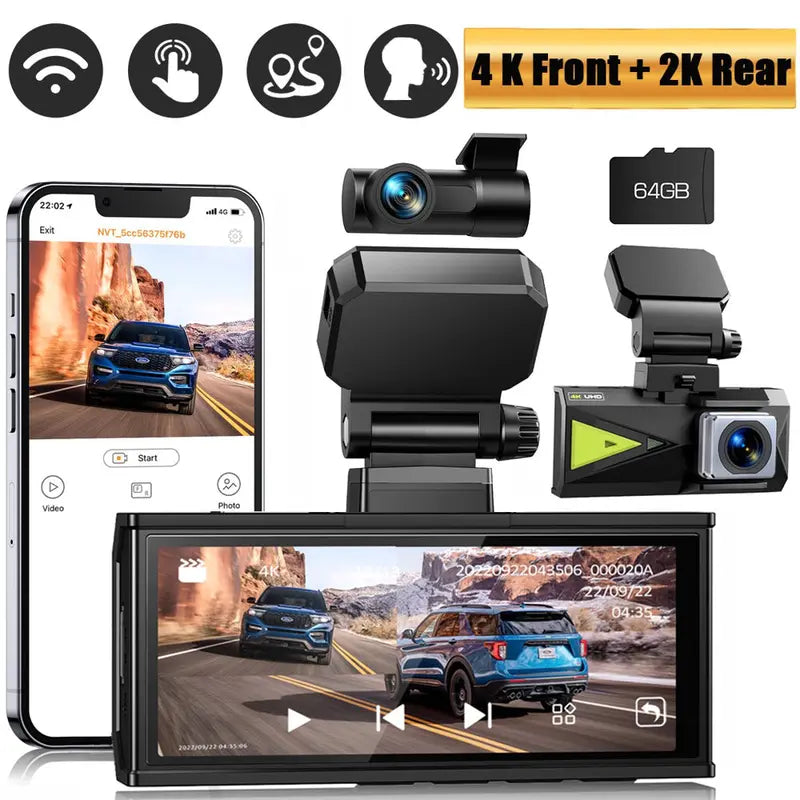 TOGUARD Dash Cam 4K with 5Ghz Wifi GPS, 4K+2K Dash Cam Front and Rear 3.16  Touch Screen with 64GB Memory Card