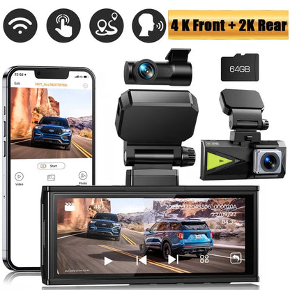 TOGUARD Dash Cam 4K with 5Ghz Wifi GPS, 4K+2K Dash Cam Front and Rear 3.16  Touch Screen with 64GB Memory Card