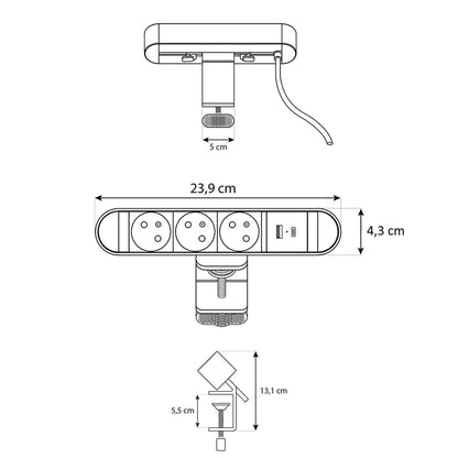 Bloc multiprise à pince pour bureau avec 2 ports USB