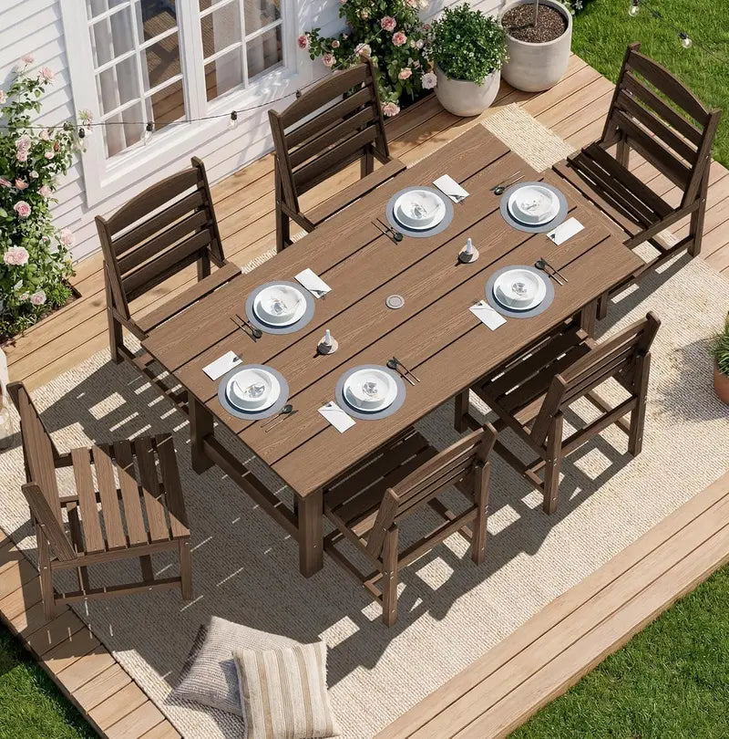 SERWALL 7-Piece Blue HDPE Outdoor Dining Set with Umbrella Hole and Stackable Chairs