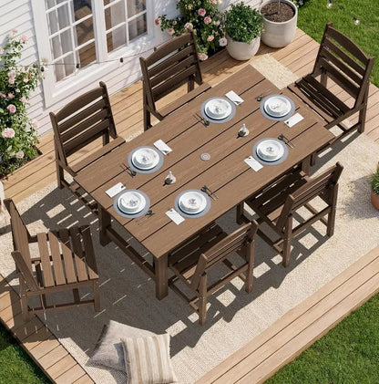 SERWALL 7-Piece Blue HDPE Outdoor Dining Set with Umbrella Hole and Stackable Chairs