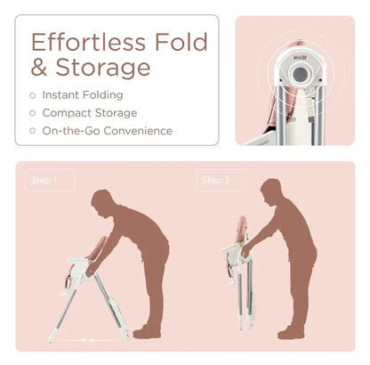 Foldable Baby High Chair, Grey Faux Leather, Adjustable Height & Recline, Removable Tray, Safety Harness, Locking Wheels