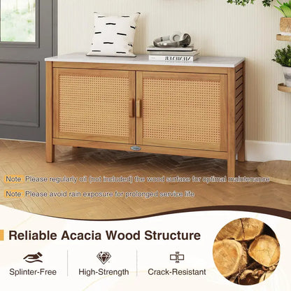 Acacia Wood Outdoor Storage Cabinet with Faux Marble Top and Weather-Resistant Finish