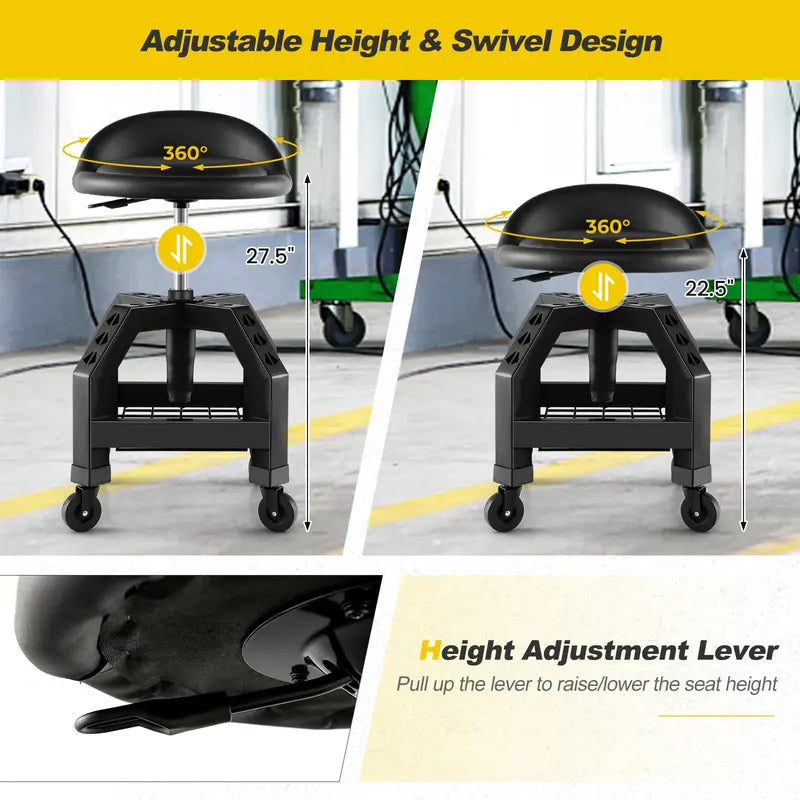 Adjustable Swivel Mechanic Stool with Casters and Built-in Tool Tray