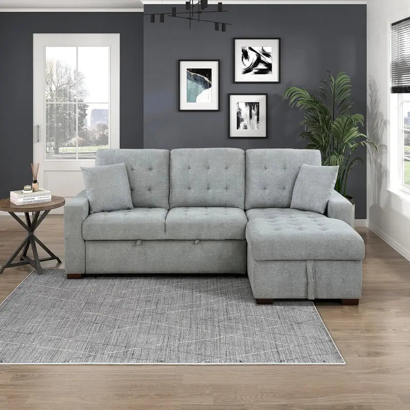 Modern L-Shaped Sleeper Sectional Sofa with Right-Side Storage Chaise and Pull-Out Bed  Gray Fabric