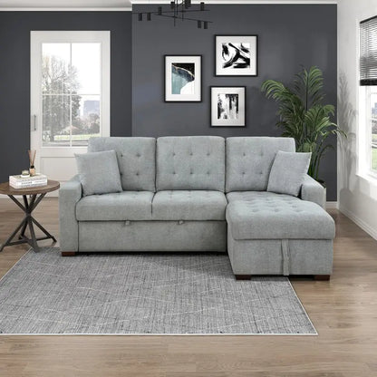 Modern L-Shaped Sleeper Sectional Sofa with Right-Side Storage Chaise and Pull-Out Bed  Gray Fabric