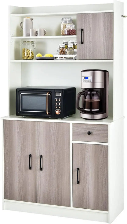 71-Inch Modern Pantry Hutch  Freestanding Tall Cabinet with Charging Station, Microwave Stand & Adjustable Shelving (White)