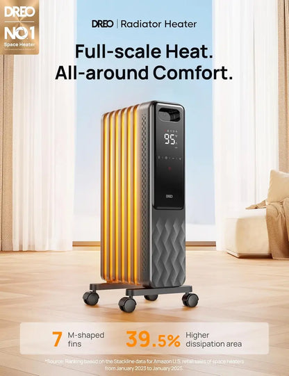 Dreo Oil-Filled Radiator Heater | 1500W Quiet Indoor Electric Heater with Remote, Child Lock, 4 Heat Modes, 24-Hour Timer, Digital Thermostat & Dual Safety Protection
