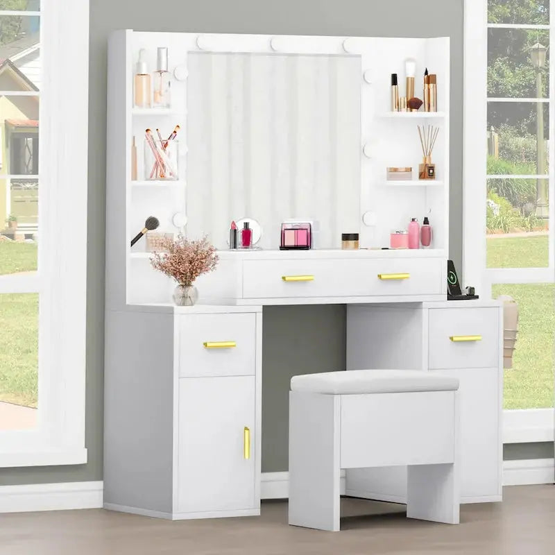 Lighted Vanity Console with Integrated Outlets  55.1″H Mirror Dresser