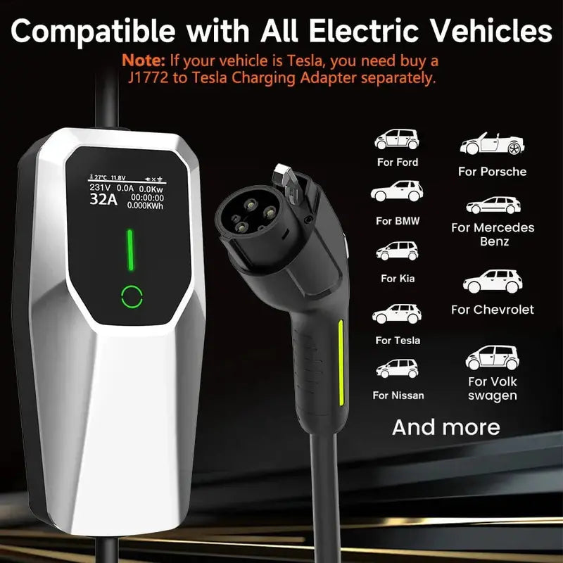 Portable 32A EV Charger for Home Use  NEMA 14-50 Plug, 26-Foot Cable, Supports Level 1 & Level 2 Charging (7.68 kW)