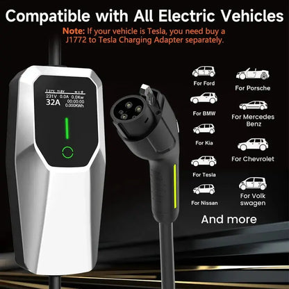 Portable 32A EV Charger for Home Use  NEMA 14-50 Plug, 26-Foot Cable, Supports Level 1 & Level 2 Charging (7.68 kW)