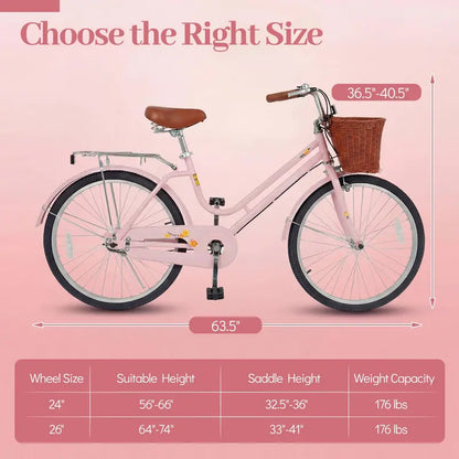 Classic Beach Cruiser Bike  Front Basket, Rear Rack, Bell  Designed for Teens & Adults