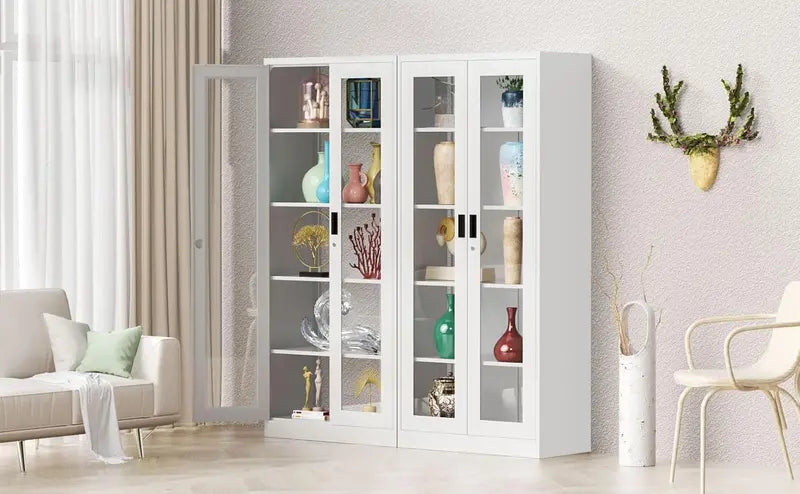 71-Inch Lockable Metal Curio Cabinet with Tempered Glass Doors, Four Adjustable Shelves, and Secure Storage for Collectibles or Liquor
