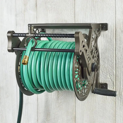 Liberty Garden 125′ Wall Mounted Cast Aluminum Hose Reel with Hose Guide