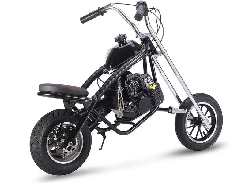 49cc Gas Mini Chopper  Black, 2-Stroke, 25mph, Kids Dirt Bike with Disc Brakes & Street Tires