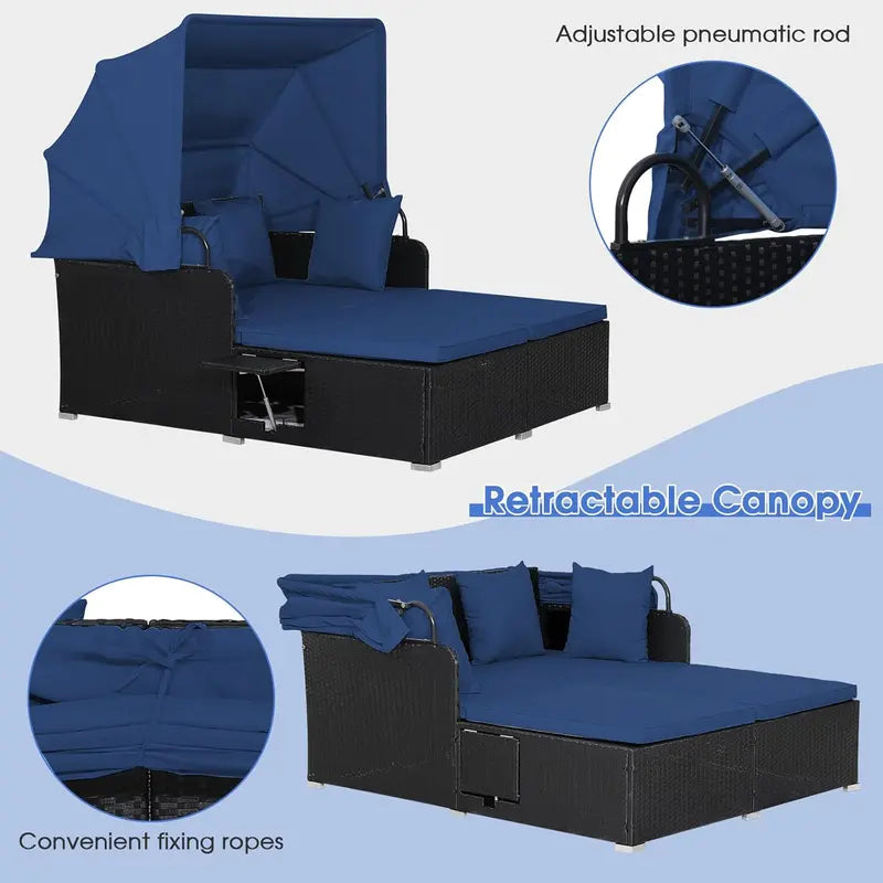 RELAX4LIFE Outdoor Daybed Set  Wicker Canopy Sunbed with Cushions &amp; Conversation Layout