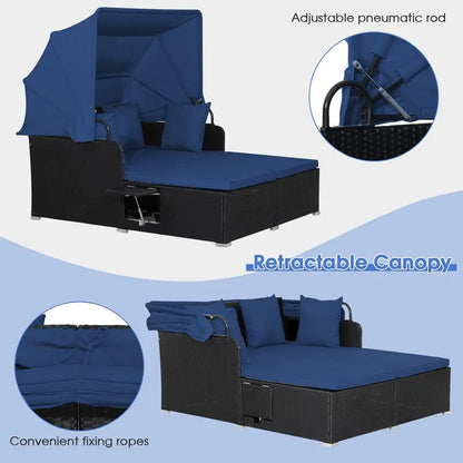 RELAX4LIFE Outdoor Daybed Set  Wicker Canopy Sunbed with Cushions &amp; Conversation Layout
