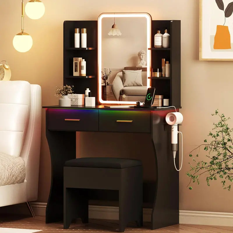 Compact LED Vanity Desk Set with Dimmable Mirror, Power Outlet, and Slim Profile