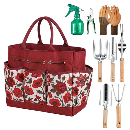 9-Piece Floral Garden Tool Set with Carry Tote and Ergonomic Hand Tools