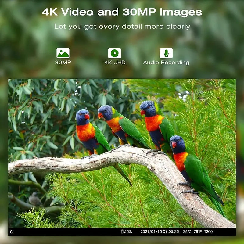 T200 Solar-Powered 4K Trail Camera  30MP Imaging with WiFi & Bluetooth Connectivity