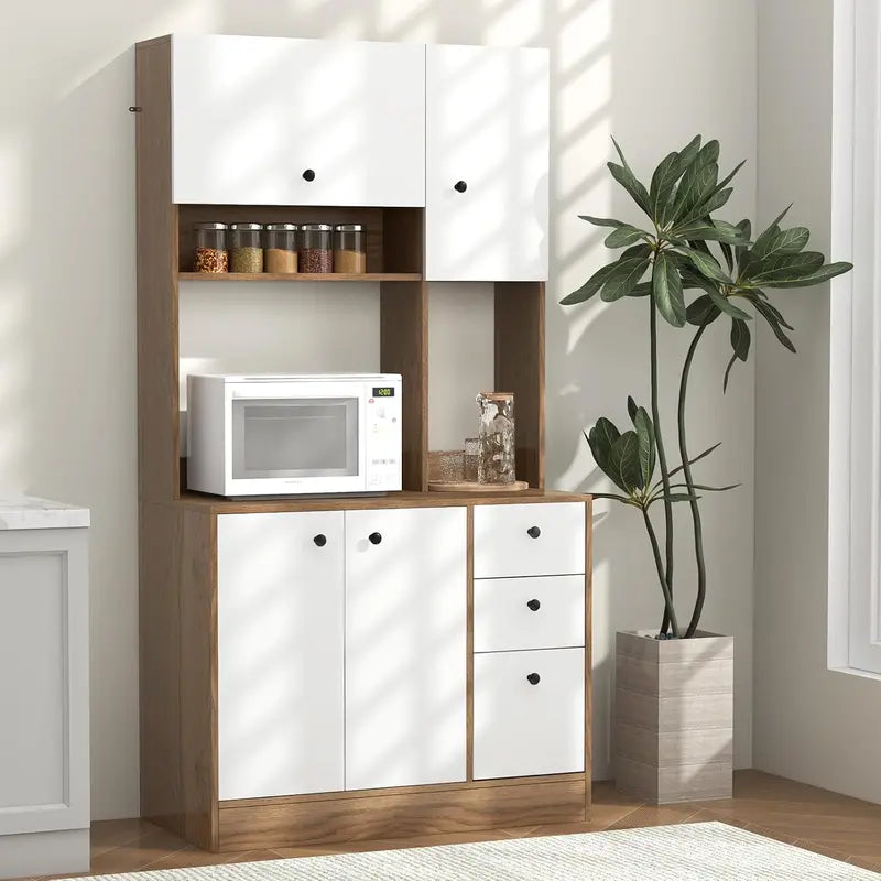 71-Inch Walnut Kitchen Pantry Hutch with Microwave Stand, Adjustable Shelving, 3 Drawers, and Spacious Countertop for Dining or Living Areas
