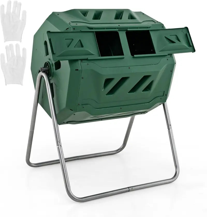 Dual-Bin 43-Gallon Rotating Compost Tumbler with Dual Sliding Access Doors
