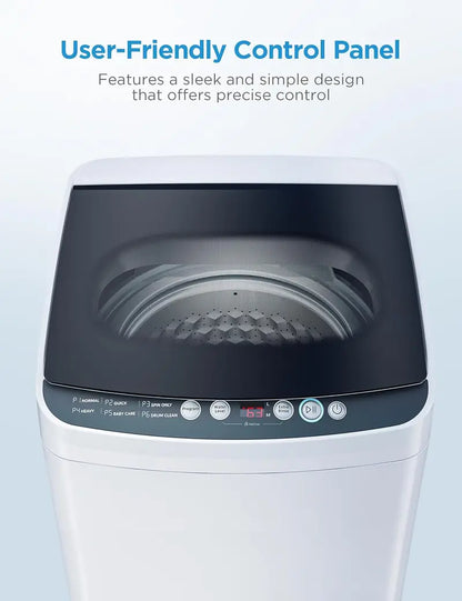 Portable Washing Machine  6 Wash Cycles, Stainless Steel Drum, Transparent Lid, LED Display & Drum Clean Function (White)