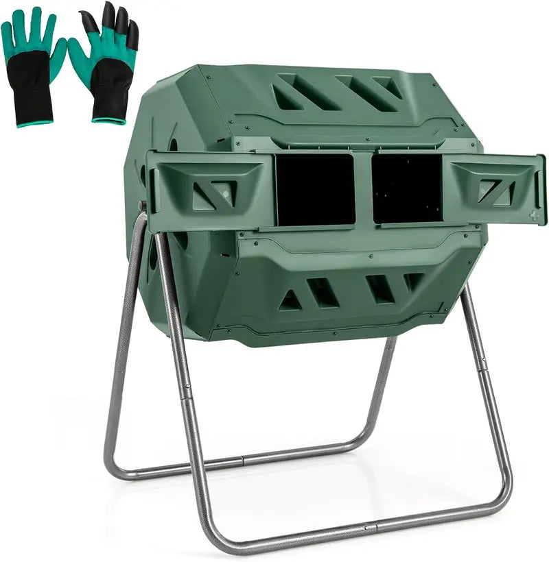 Dual-Chamber Compost Tumbler  42-Gallon Rotating Bin with Sliding Doors & Reinforced Steel Frame