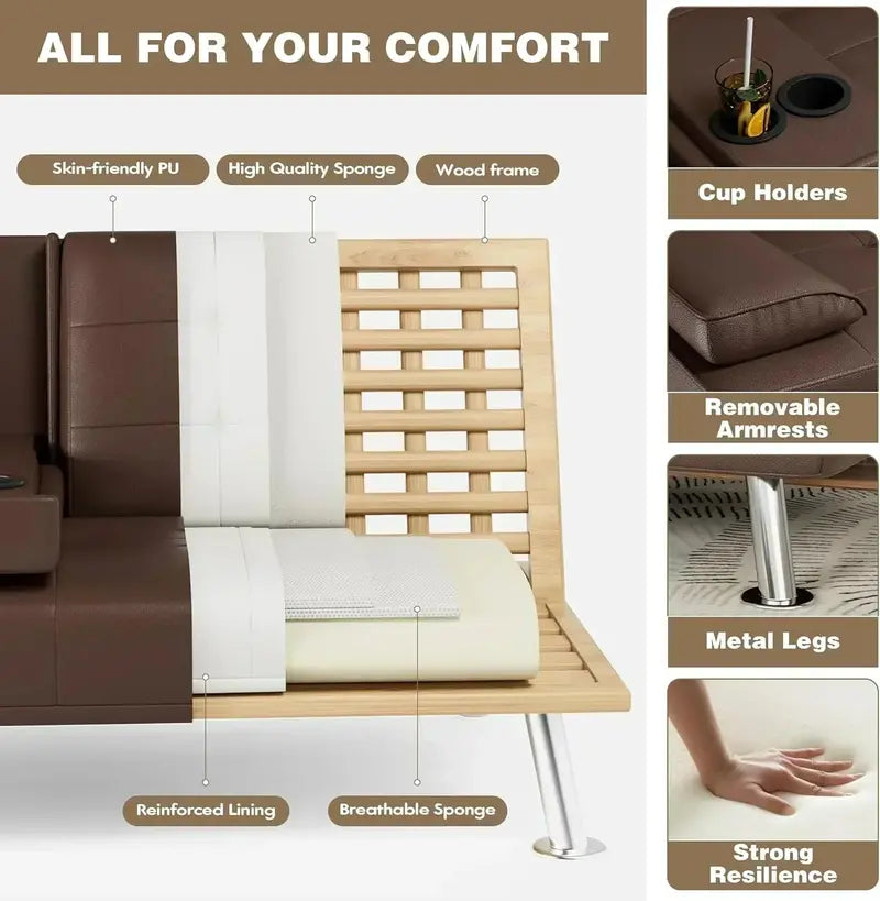 Homall Leather Futon Sofa Bed  Adjustable Reclining Couch with Armrests & Sleeper Function